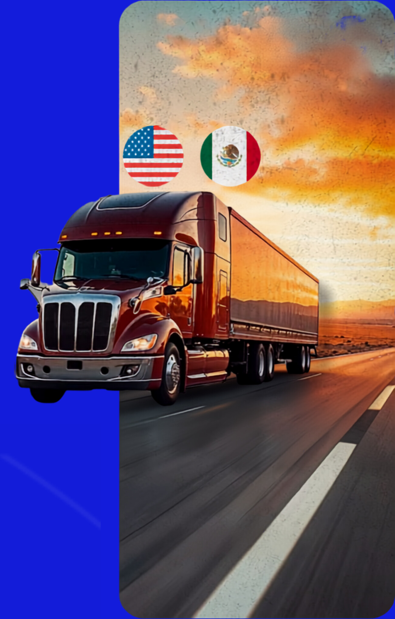 Camión cruzando de Estados Unidos a México al atardecer
